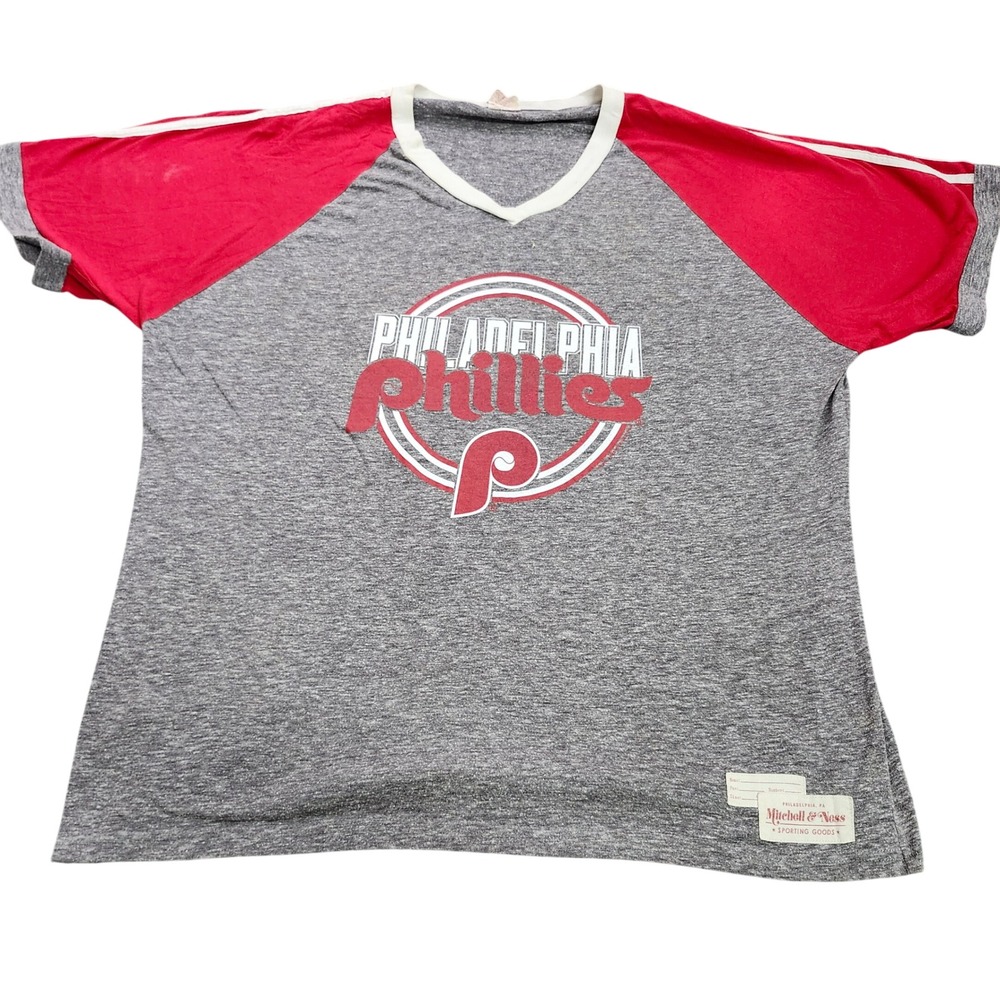 PHILADELPHIA PHILLIES MITCHELL & NESS MENS XXL GREY MLB RAGLAN T-SHIRT EUC